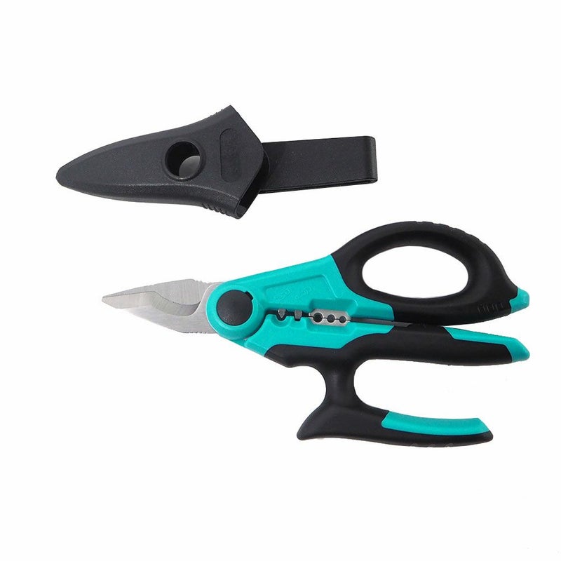 WITオリジナル エレクトロニクスシザース BC2304。全長170mm。日本製4034ステンレス刃（HRC58±2）、先端ギザ歯加工。MAX80mm?ケーブル切断対応。ストリッパー1.5/2.5/4.0mm?、2.5mm?端子圧着機能搭載。ベルトループ付き専用ホルダー付属。