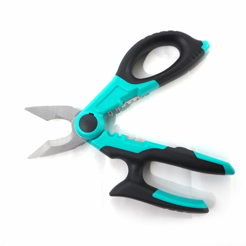 WITオリジナル エレクトロニクスシザース BC2304。全長170mm。日本製4034ステンレス刃（HRC58±2）、先端ギザ歯加工。MAX80mm?ケーブル切断対応。ストリッパー1.5/2.5/4.0mm?、2.5mm?端子圧着機能搭載。ベルトループ付き専用ホルダー付属。