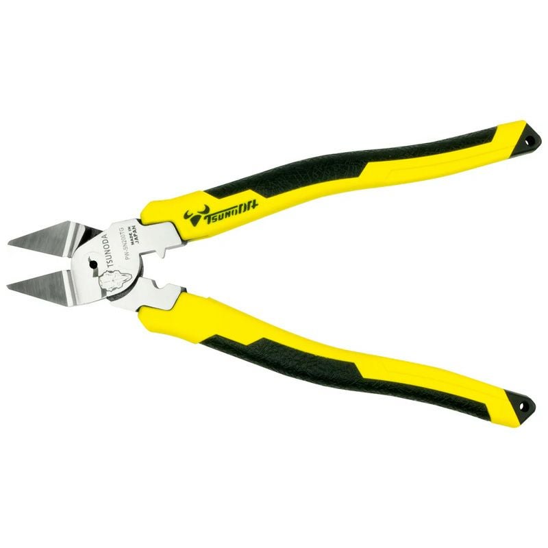 TSUNODA 電工パワー斜めニッパー PW-SN200TG（200mm）。偏芯テコ構造で少ない力でも切断可能。VVF2.0×3心対応、フラット刃で美しい切断面を実現。簡易圧着機能付きで電気・設備工事に幅広く対応する高耐久プロ仕様ニッパー。