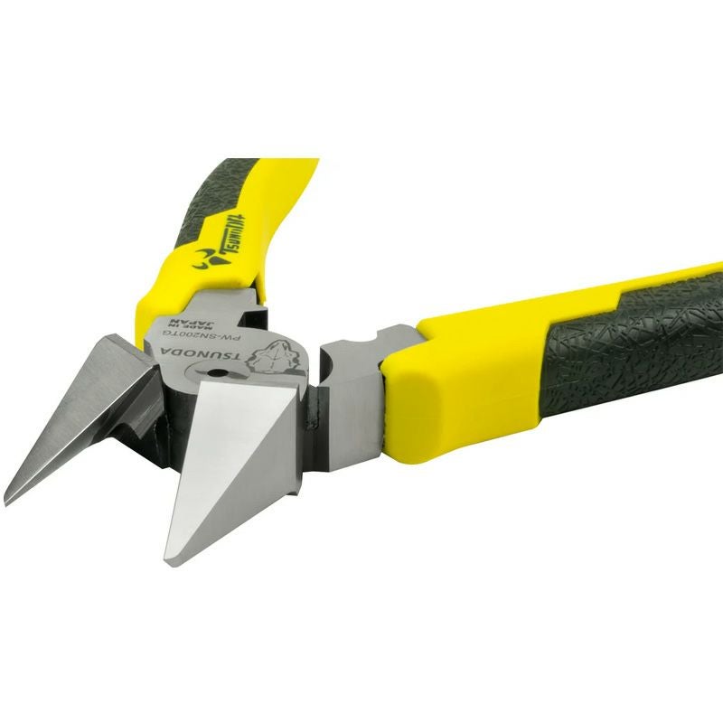 TSUNODA 電工パワー斜めニッパー PW-SN200TG（200mm）。偏芯テコ構造で少ない力でも切断可能。VVF2.0×3心対応、フラット刃で美しい切断面を実現。簡易圧着機能付きで電気・設備工事に幅広く対応する高耐久プロ仕様ニッパー。