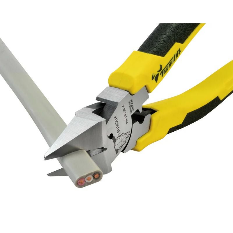 TSUNODA 電工パワー斜めニッパー PW-SN200TG（200mm）。偏芯テコ構造で少ない力でも切断可能。VVF2.0×3心対応、フラット刃で美しい切断面を実現。簡易圧着機能付きで電気・設備工事に幅広く対応する高耐久プロ仕様ニッパー。