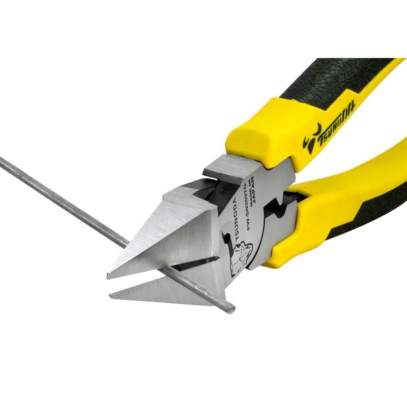 TSUNODA 電工パワー斜めニッパー PW-SN200TG（200mm）。偏芯テコ構造で少ない力でも切断可能。VVF2.0×3心対応、フラット刃で美しい切断面を実現。簡易圧着機能付きで電気・設備工事に幅広く対応する高耐久プロ仕様ニッパー。