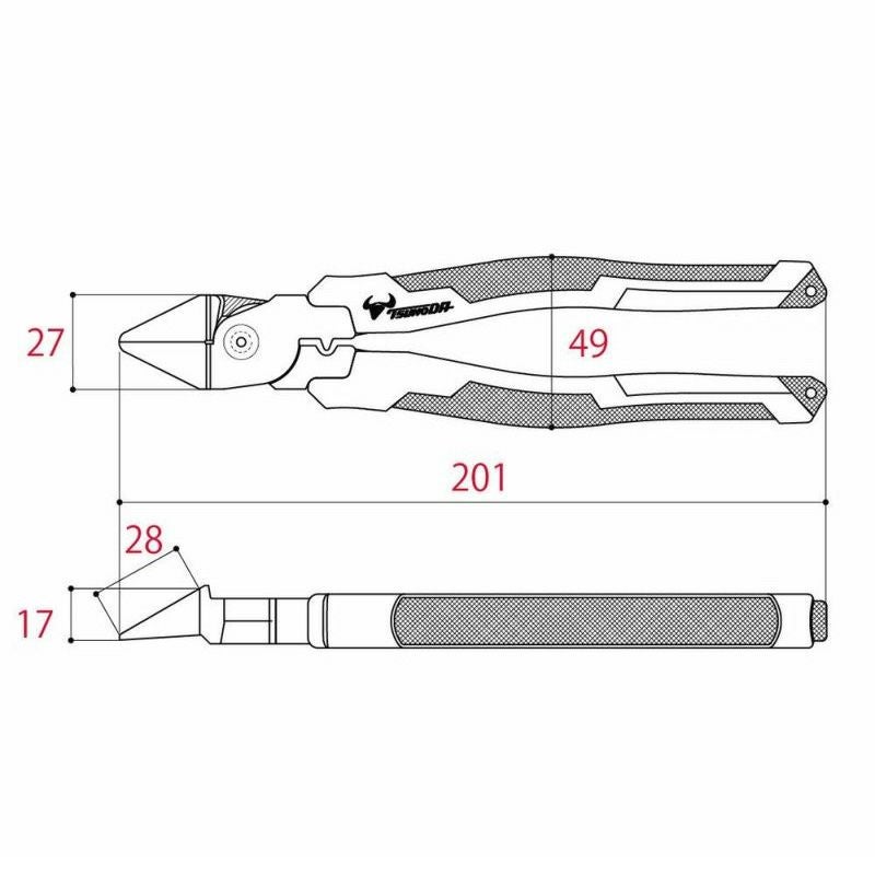 TSUNODA 電工パワー斜めニッパー PW-SN200TG（200mm）。偏芯テコ構造で少ない力でも切断可能。VVF2.0×3心対応、フラット刃で美しい切断面を実現。簡易圧着機能付きで電気・設備工事に幅広く対応する高耐久プロ仕様ニッパー。