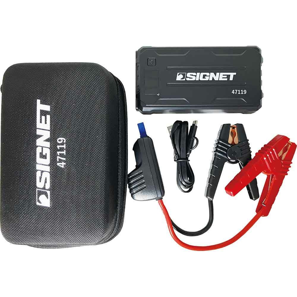SIGNET 12V専用ジャンプスターター47119。最大電流1000A対応で車・バイクのバッテリー上がりをサポート。液晶表示付きブースターケーブル、10400mAh大容量バッテリー、急速充電対応。LEDライト・専用ケース付きのコンパクト設計。