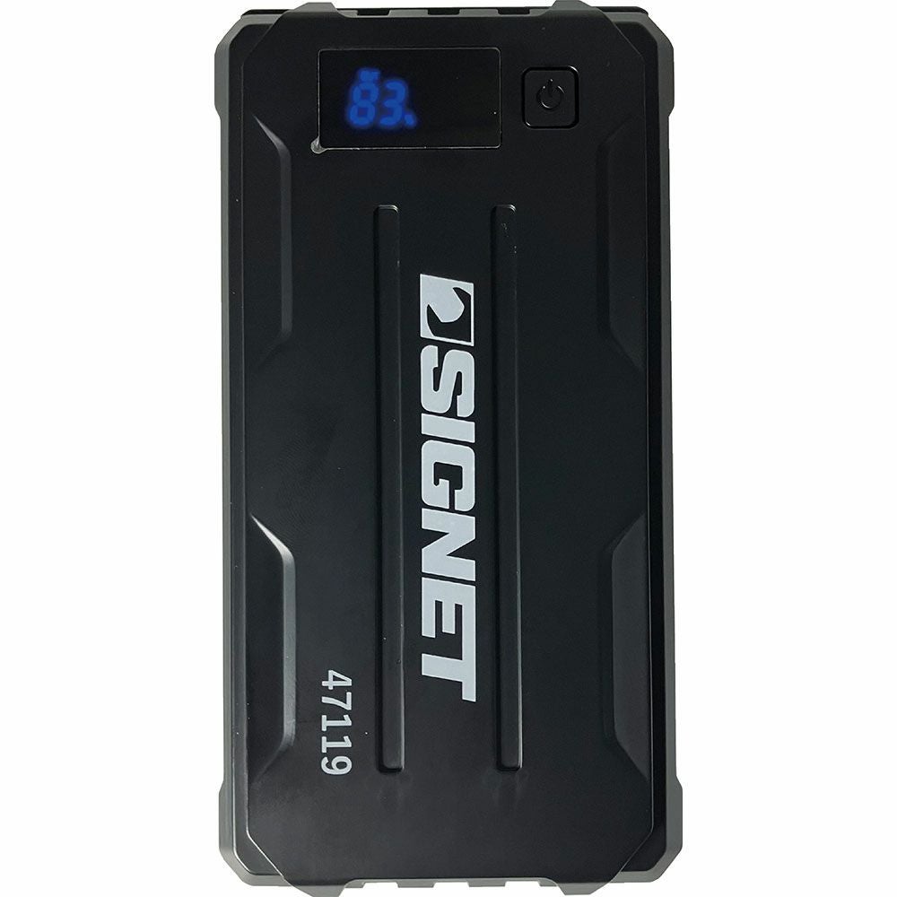 SIGNET 12V専用ジャンプスターター47119。最大電流1000A対応で車・バイクのバッテリー上がりをサポート。液晶表示付きブースターケーブル、10400mAh大容量バッテリー、急速充電対応。LEDライト・専用ケース付きのコンパクト設計。