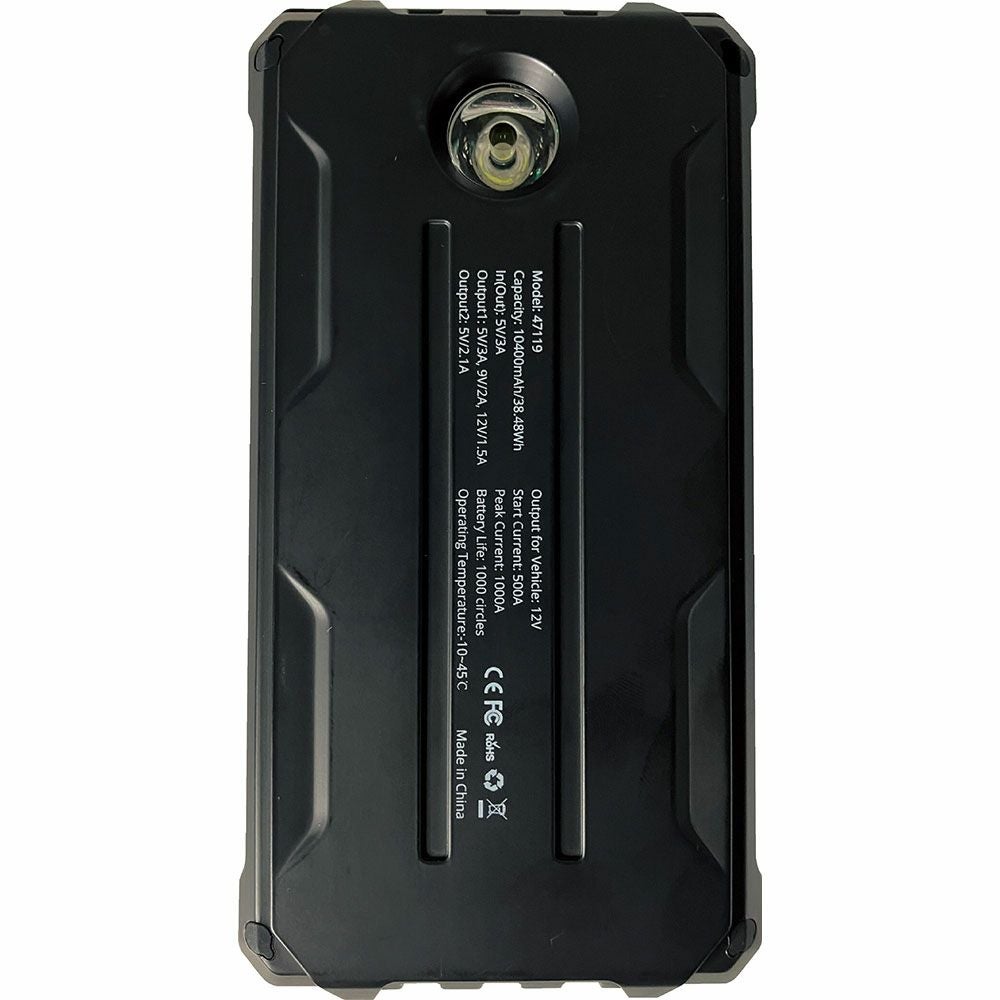 SIGNET 12V専用ジャンプスターター47119。最大電流1000A対応で車・バイクのバッテリー上がりをサポート。液晶表示付きブースターケーブル、10400mAh大容量バッテリー、急速充電対応。LEDライト・専用ケース付きのコンパクト設計。