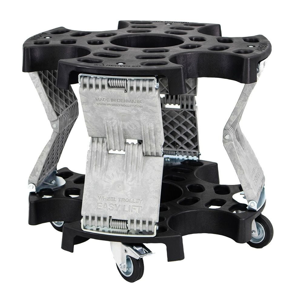 重たいタイヤ・ホイールの持ち上げ作業、腰や腕への負担を大幅に軽減する AHCON(アーコン) ホイールトロリーイージーリフト式