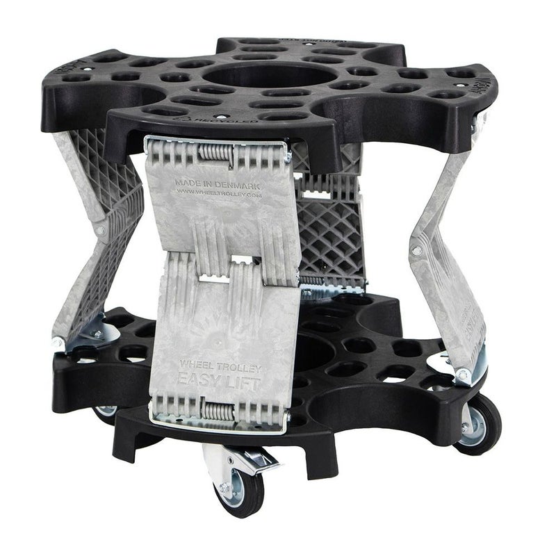重たいタイヤ・ホイールの持ち上げ作業、腰や腕への負担を大幅に軽減する AHCON(アーコン) ホイールトロリーイージーリフト式
