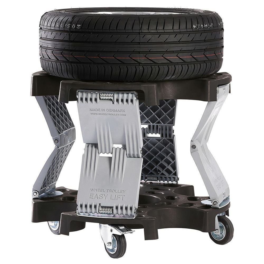 重たいタイヤ・ホイールの持ち上げ作業、腰や腕への負担を大幅に軽減する AHCON(アーコン) ホイールトロリーイージーリフト式